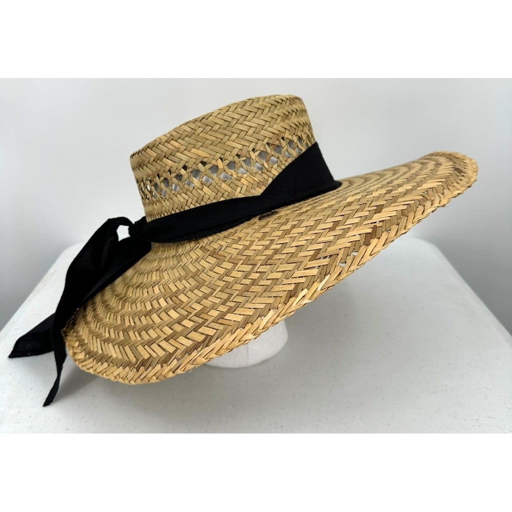 Dorfman Pacific Women's Straw Fedora Hat Black Ribbon Band Wide Brim Summer Sun - Picture 9 of 15